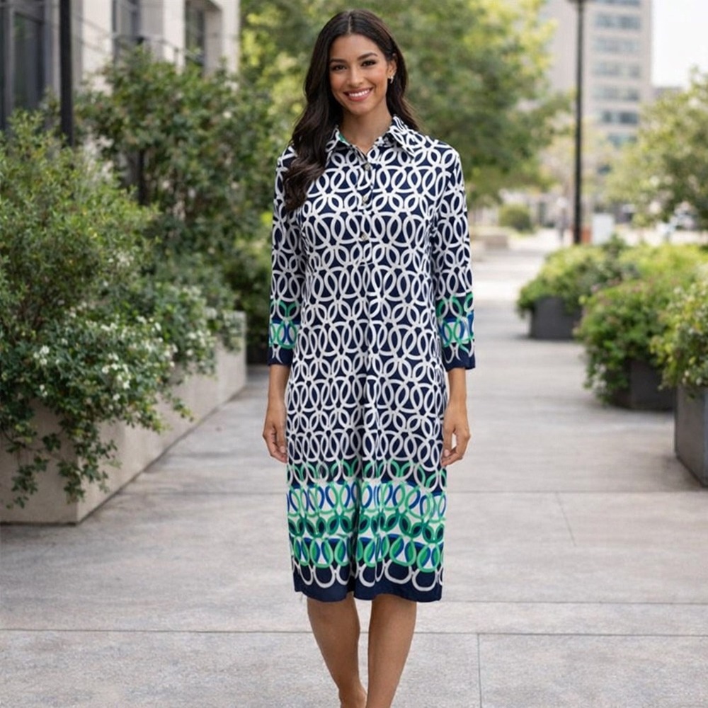 Studio One NY Shirt Dress Geometric Navy Green Midi Preppy Workwear Casual SZ 10